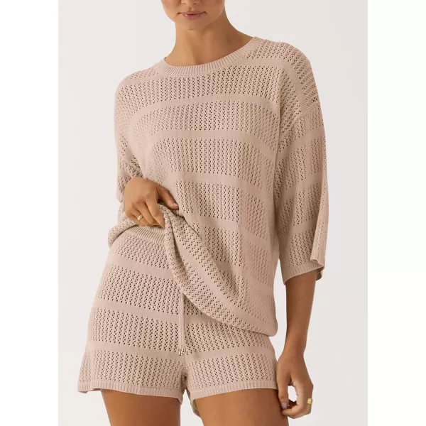 imagePRETTYGARDEN Womens Two Piece Outfits Summer Hollow Out Knit Lounge Sets Half Sleeve Tops Blouses and Shorts TracksuitBeige Apricot