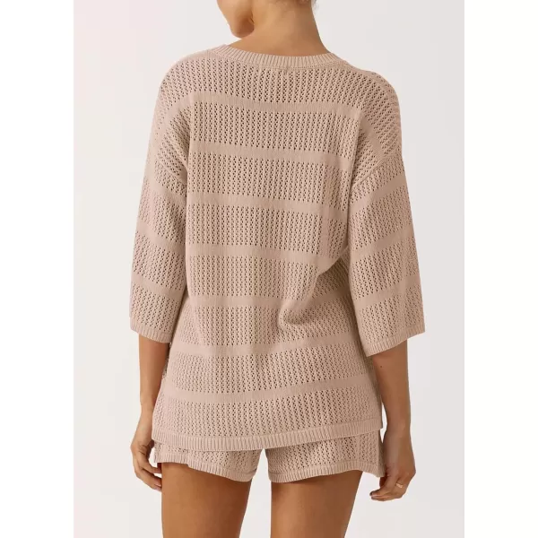 imagePRETTYGARDEN Womens Two Piece Outfits Summer Hollow Out Knit Lounge Sets Half Sleeve Tops Blouses and Shorts TracksuitBeige Apricot