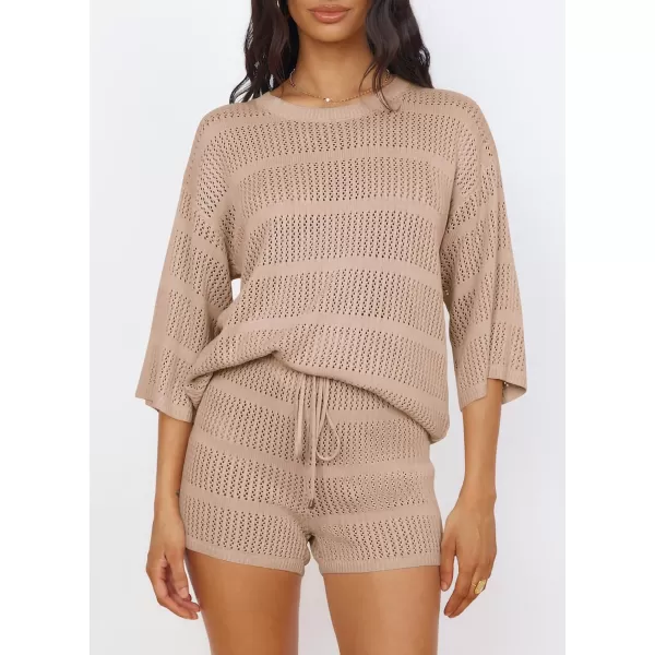 imagePRETTYGARDEN Womens Two Piece Outfits Summer Hollow Out Knit Lounge Sets Half Sleeve Tops Blouses and Shorts TracksuitBeige Apricot