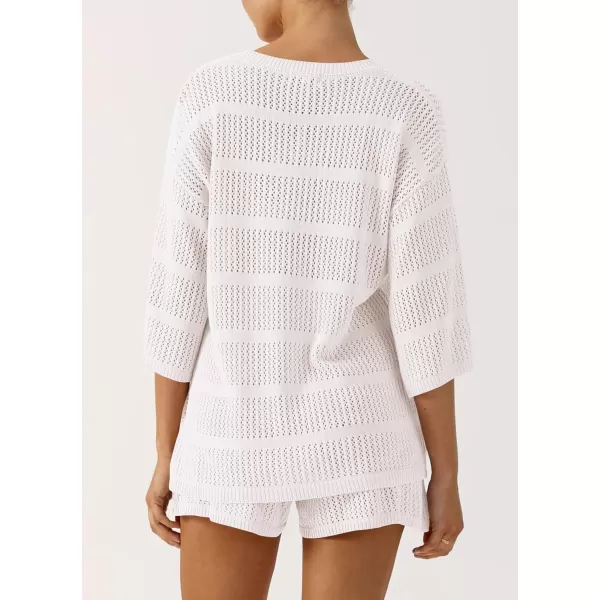 imagePRETTYGARDEN Womens Two Piece Outfits Summer Hollow Out Knit Lounge Sets Half Sleeve Tops Blouses and Shorts TracksuitBeige White