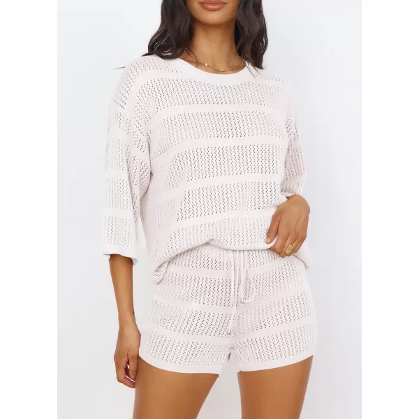 imagePRETTYGARDEN Womens Two Piece Outfits Summer Hollow Out Knit Lounge Sets Half Sleeve Tops Blouses and Shorts TracksuitBeige White