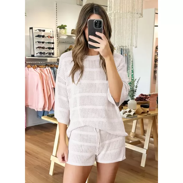 imagePRETTYGARDEN Womens Two Piece Outfits Summer Hollow Out Knit Lounge Sets Half Sleeve Tops Blouses and Shorts TracksuitBeige White