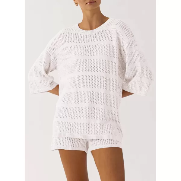 imagePRETTYGARDEN Womens Two Piece Outfits Summer Hollow Out Knit Lounge Sets Half Sleeve Tops Blouses and Shorts TracksuitBeige White