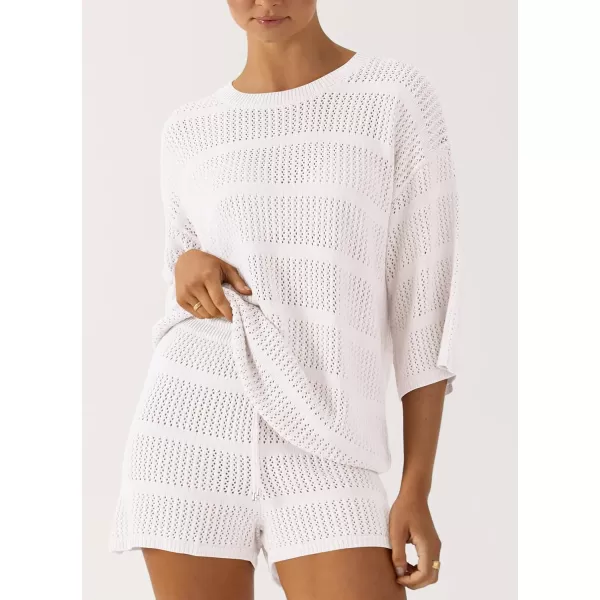 imagePRETTYGARDEN Womens Two Piece Outfits Summer Hollow Out Knit Lounge Sets Half Sleeve Tops Blouses and Shorts TracksuitBeige White