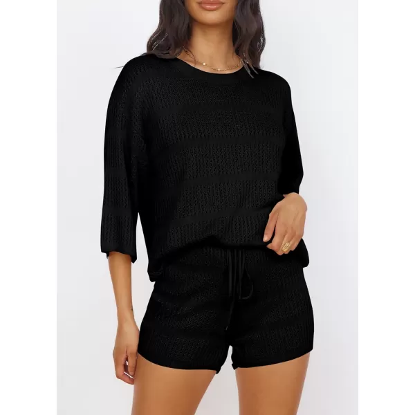 imagePRETTYGARDEN Womens Two Piece Outfits Summer Hollow Out Knit Lounge Sets Half Sleeve Tops Blouses and Shorts TracksuitBlack