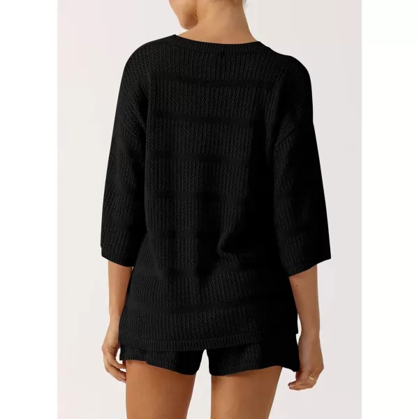 imagePRETTYGARDEN Womens Two Piece Outfits Summer Hollow Out Knit Lounge Sets Half Sleeve Tops Blouses and Shorts TracksuitBlack