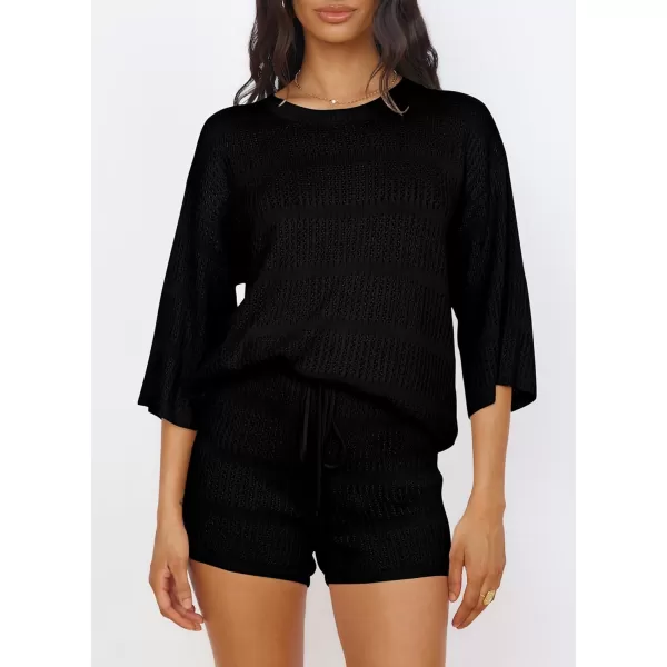 imagePRETTYGARDEN Womens Two Piece Outfits Summer Hollow Out Knit Lounge Sets Half Sleeve Tops Blouses and Shorts TracksuitBlack