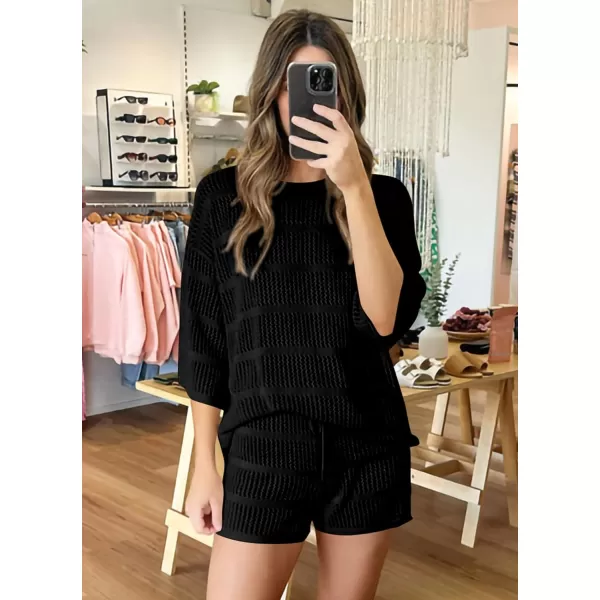 imagePRETTYGARDEN Womens Two Piece Outfits Summer Hollow Out Knit Lounge Sets Half Sleeve Tops Blouses and Shorts TracksuitBlack