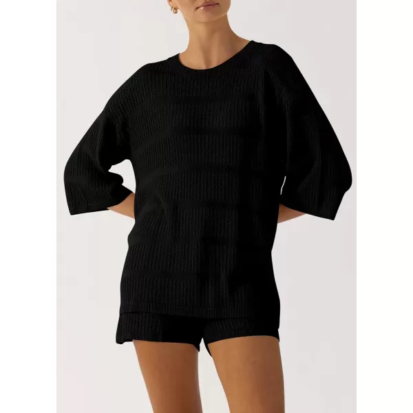imagePRETTYGARDEN Womens Two Piece Outfits Summer Hollow Out Knit Lounge Sets Half Sleeve Tops Blouses and Shorts TracksuitBlack