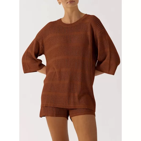 imagePRETTYGARDEN Womens Two Piece Outfits Summer Hollow Out Knit Lounge Sets Half Sleeve Tops Blouses and Shorts TracksuitBrown