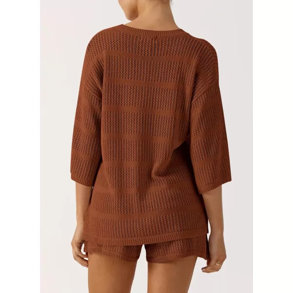 imagePRETTYGARDEN Womens Two Piece Outfits Summer Hollow Out Knit Lounge Sets Half Sleeve Tops Blouses and Shorts TracksuitBrown