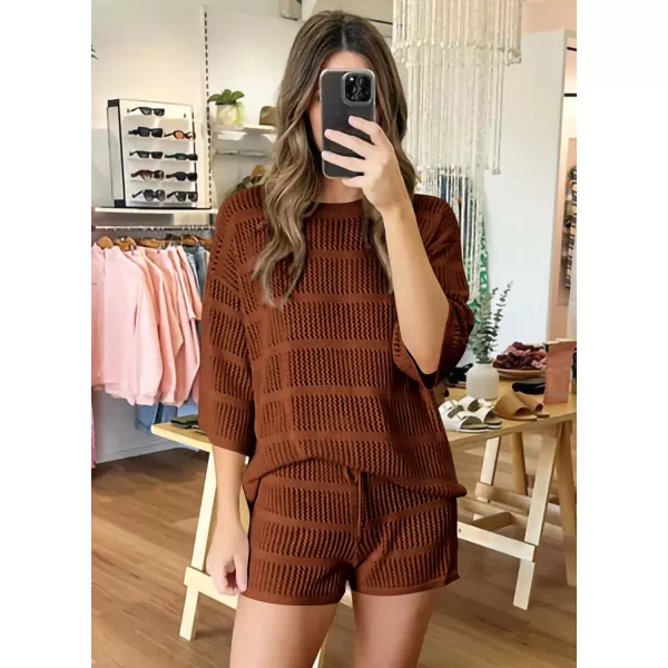 imagePRETTYGARDEN Womens Two Piece Outfits Summer Hollow Out Knit Lounge Sets Half Sleeve Tops Blouses and Shorts TracksuitBrown