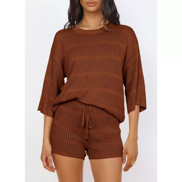 imagePRETTYGARDEN Womens Two Piece Outfits Summer Hollow Out Knit Lounge Sets Half Sleeve Tops Blouses and Shorts TracksuitBrown