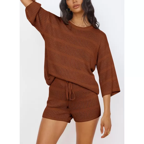 imagePRETTYGARDEN Womens Two Piece Outfits Summer Hollow Out Knit Lounge Sets Half Sleeve Tops Blouses and Shorts TracksuitBrown