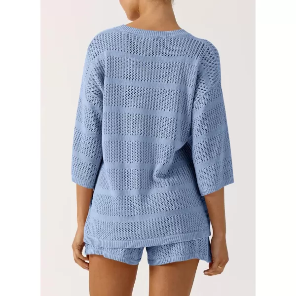 imagePRETTYGARDEN Womens Two Piece Outfits Summer Hollow Out Knit Lounge Sets Half Sleeve Tops Blouses and Shorts TracksuitLight Blue