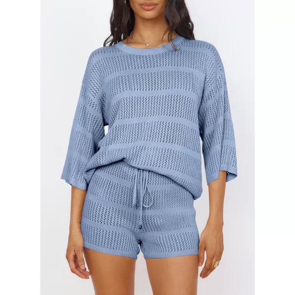 imagePRETTYGARDEN Womens Two Piece Outfits Summer Hollow Out Knit Lounge Sets Half Sleeve Tops Blouses and Shorts TracksuitLight Blue