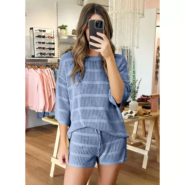 imagePRETTYGARDEN Womens Two Piece Outfits Summer Hollow Out Knit Lounge Sets Half Sleeve Tops Blouses and Shorts TracksuitLight Blue