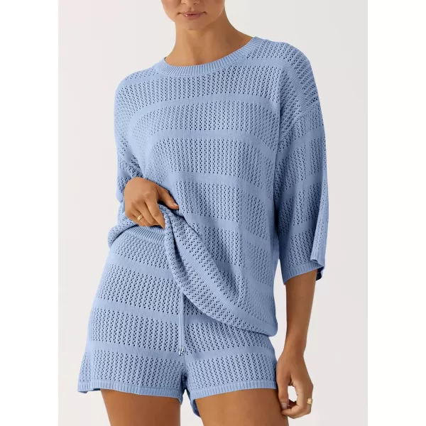 imagePRETTYGARDEN Womens Two Piece Outfits Summer Hollow Out Knit Lounge Sets Half Sleeve Tops Blouses and Shorts TracksuitLight Blue