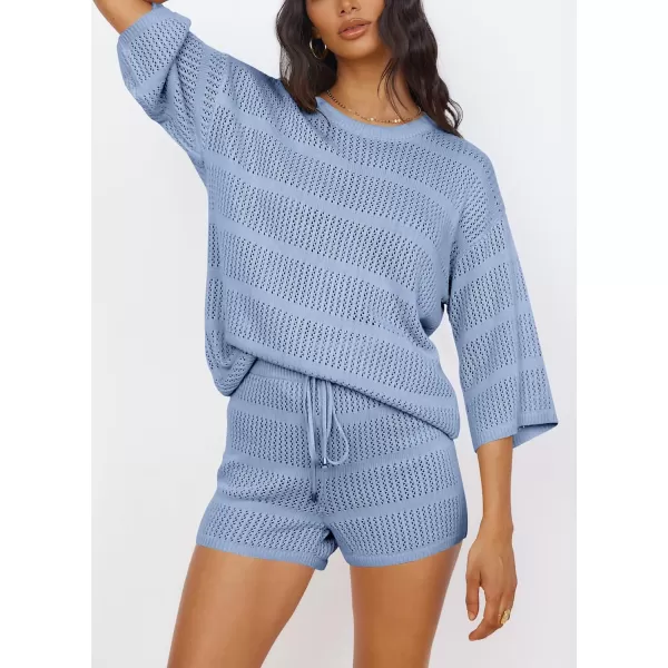 imagePRETTYGARDEN Womens Two Piece Outfits Summer Hollow Out Knit Lounge Sets Half Sleeve Tops Blouses and Shorts TracksuitLight Blue