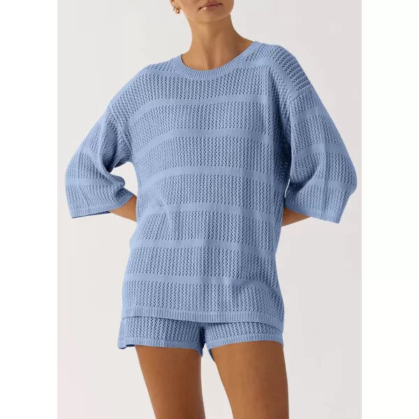 imagePRETTYGARDEN Womens Two Piece Outfits Summer Hollow Out Knit Lounge Sets Half Sleeve Tops Blouses and Shorts TracksuitLight Blue