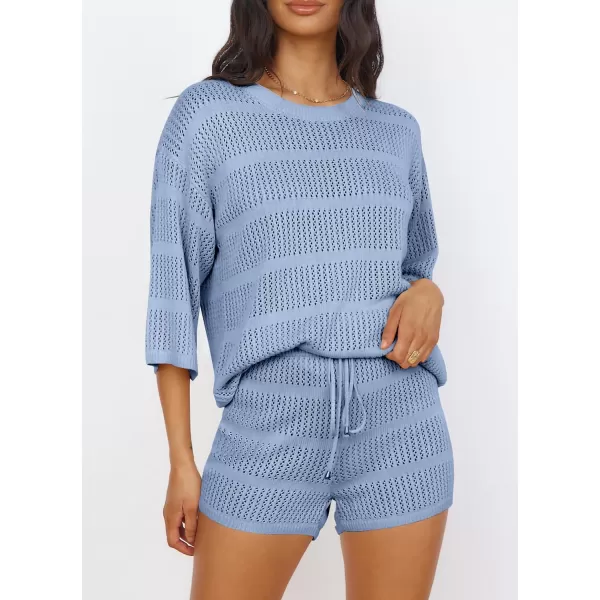 imagePRETTYGARDEN Womens Two Piece Outfits Summer Hollow Out Knit Lounge Sets Half Sleeve Tops Blouses and Shorts TracksuitLight Blue