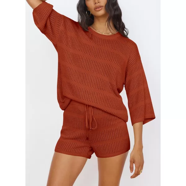 imagePRETTYGARDEN Womens Two Piece Outfits Summer Hollow Out Knit Lounge Sets Half Sleeve Tops Blouses and Shorts TracksuitOrange