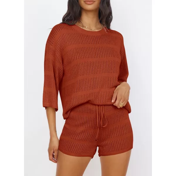 imagePRETTYGARDEN Womens Two Piece Outfits Summer Hollow Out Knit Lounge Sets Half Sleeve Tops Blouses and Shorts TracksuitOrange