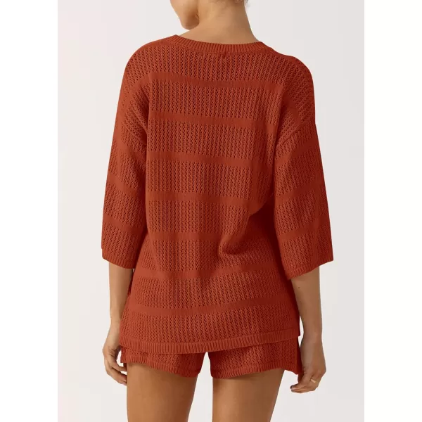 imagePRETTYGARDEN Womens Two Piece Outfits Summer Hollow Out Knit Lounge Sets Half Sleeve Tops Blouses and Shorts TracksuitOrange