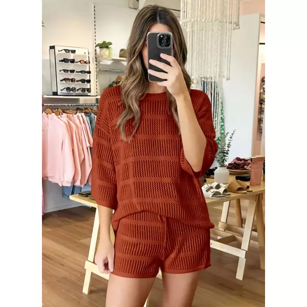 imagePRETTYGARDEN Womens Two Piece Outfits Summer Hollow Out Knit Lounge Sets Half Sleeve Tops Blouses and Shorts TracksuitOrange
