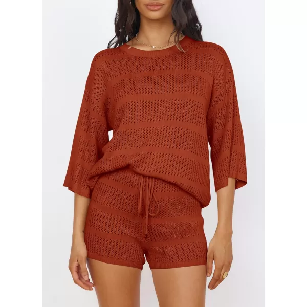 imagePRETTYGARDEN Womens Two Piece Outfits Summer Hollow Out Knit Lounge Sets Half Sleeve Tops Blouses and Shorts TracksuitOrange