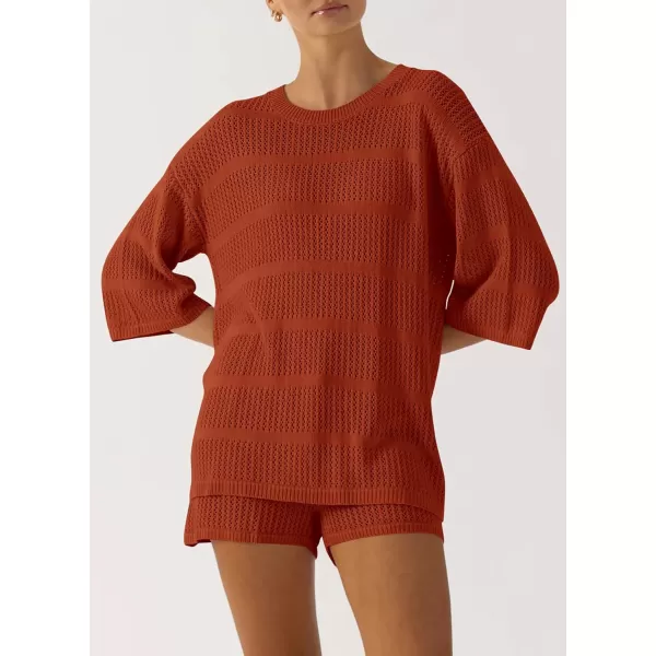 imagePRETTYGARDEN Womens Two Piece Outfits Summer Hollow Out Knit Lounge Sets Half Sleeve Tops Blouses and Shorts TracksuitOrange