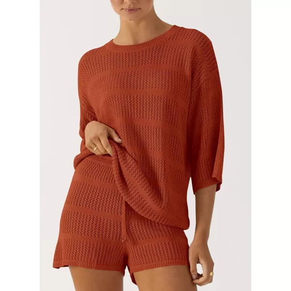 imagePRETTYGARDEN Womens Two Piece Outfits Summer Hollow Out Knit Lounge Sets Half Sleeve Tops Blouses and Shorts TracksuitOrange