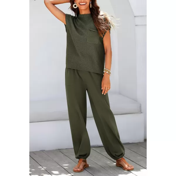 imagePRETTYGARDEN Womens Two Piece Outfits Sweater Sets Knit Pullover Tops And High Waisted Pants Matching Tracksuit Sweatsuit SetArmy Green