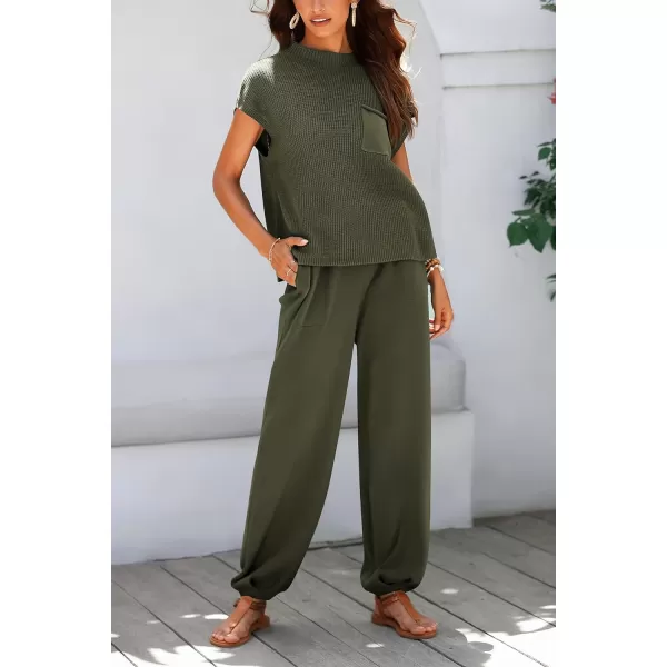 imagePRETTYGARDEN Womens Two Piece Outfits Sweater Sets Knit Pullover Tops And High Waisted Pants Matching Tracksuit Sweatsuit SetArmy Green
