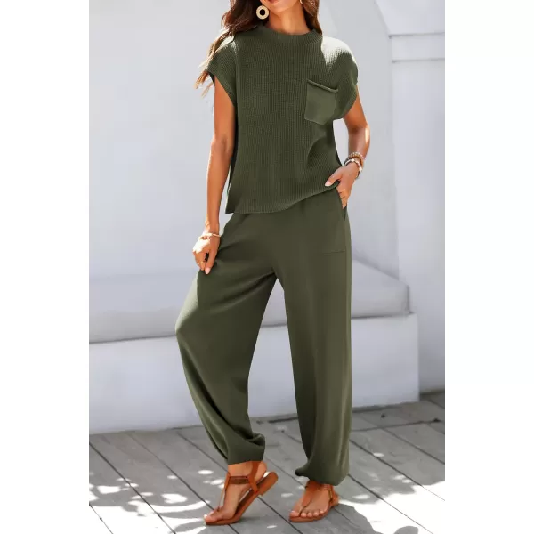 imagePRETTYGARDEN Womens Two Piece Outfits Sweater Sets Knit Pullover Tops And High Waisted Pants Matching Tracksuit Sweatsuit SetArmy Green