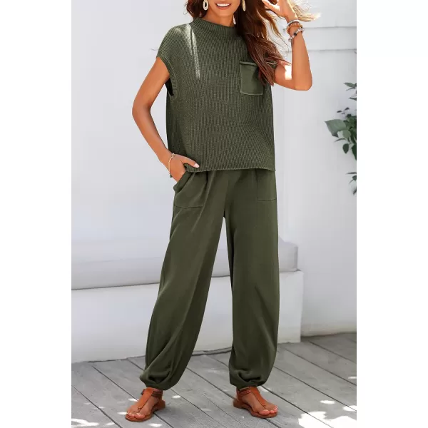 imagePRETTYGARDEN Womens Two Piece Outfits Sweater Sets Knit Pullover Tops And High Waisted Pants Matching Tracksuit Sweatsuit SetArmy Green