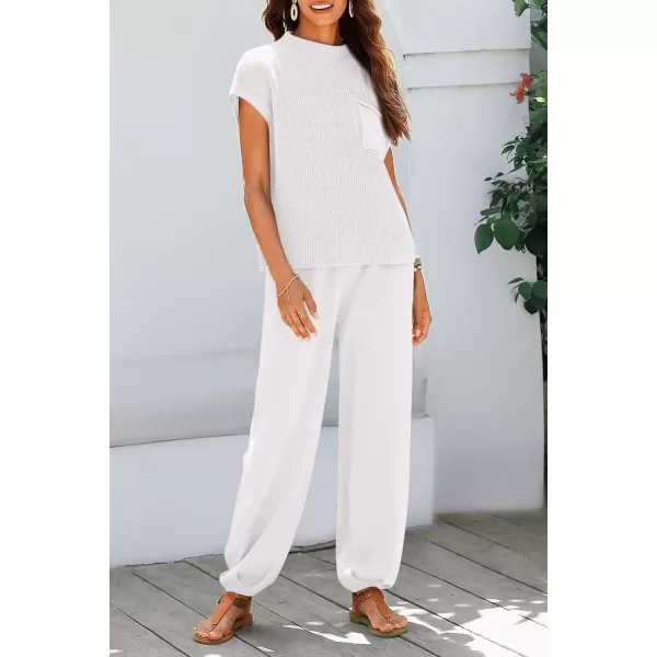 imagePRETTYGARDEN Womens Two Piece Outfits Sweater Sets Knit Pullover Tops And High Waisted Pants Matching Tracksuit Sweatsuit SetBeige White