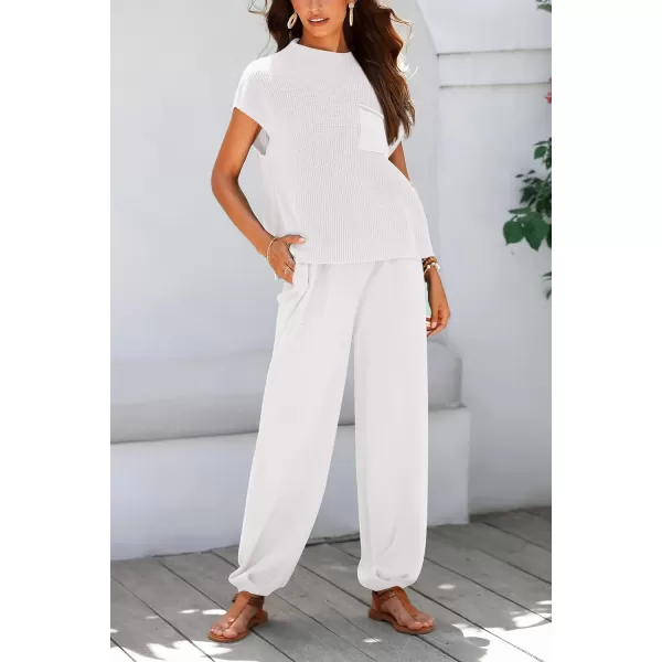 imagePRETTYGARDEN Womens Two Piece Outfits Sweater Sets Knit Pullover Tops And High Waisted Pants Matching Tracksuit Sweatsuit SetBeige White