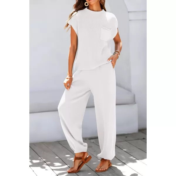 imagePRETTYGARDEN Womens Two Piece Outfits Sweater Sets Knit Pullover Tops And High Waisted Pants Matching Tracksuit Sweatsuit SetBeige White