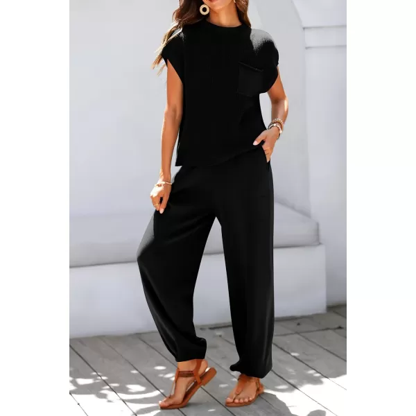 imagePRETTYGARDEN Womens Two Piece Outfits Sweater Sets Knit Pullover Tops And High Waisted Pants Matching Tracksuit Sweatsuit SetBlack