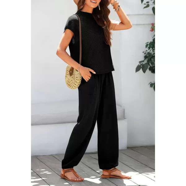 imagePRETTYGARDEN Womens Two Piece Outfits Sweater Sets Knit Pullover Tops And High Waisted Pants Matching Tracksuit Sweatsuit SetBlack
