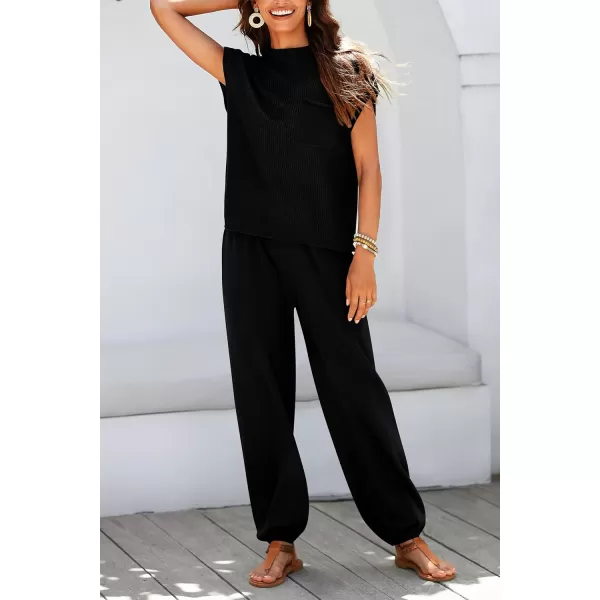 imagePRETTYGARDEN Womens Two Piece Outfits Sweater Sets Knit Pullover Tops And High Waisted Pants Matching Tracksuit Sweatsuit SetBlack
