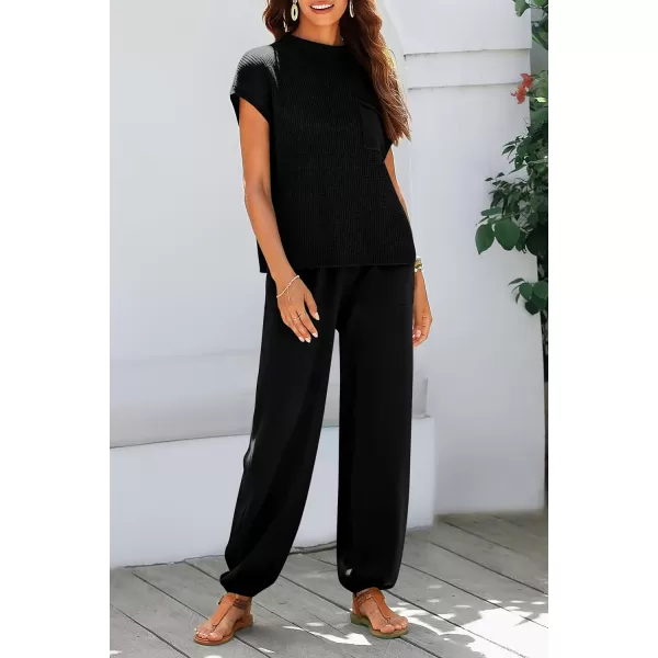 imagePRETTYGARDEN Womens Two Piece Outfits Sweater Sets Knit Pullover Tops And High Waisted Pants Matching Tracksuit Sweatsuit SetBlack