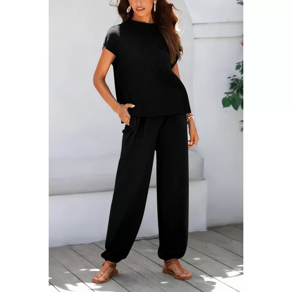 imagePRETTYGARDEN Womens Two Piece Outfits Sweater Sets Knit Pullover Tops And High Waisted Pants Matching Tracksuit Sweatsuit SetBlack
