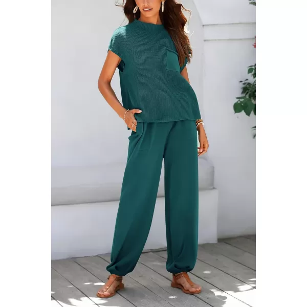 imagePRETTYGARDEN Womens Two Piece Outfits Sweater Sets Knit Pullover Tops And High Waisted Pants Matching Tracksuit Sweatsuit SetBlue Green