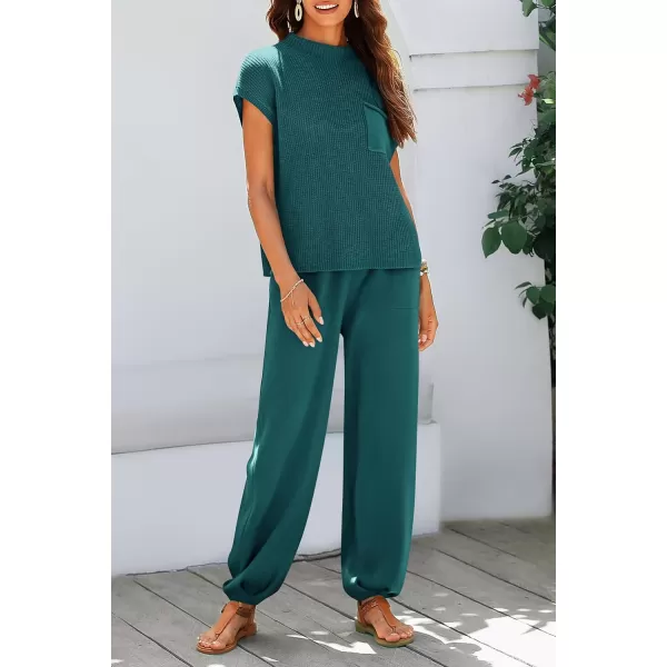 imagePRETTYGARDEN Womens Two Piece Outfits Sweater Sets Knit Pullover Tops And High Waisted Pants Matching Tracksuit Sweatsuit SetBlue Green