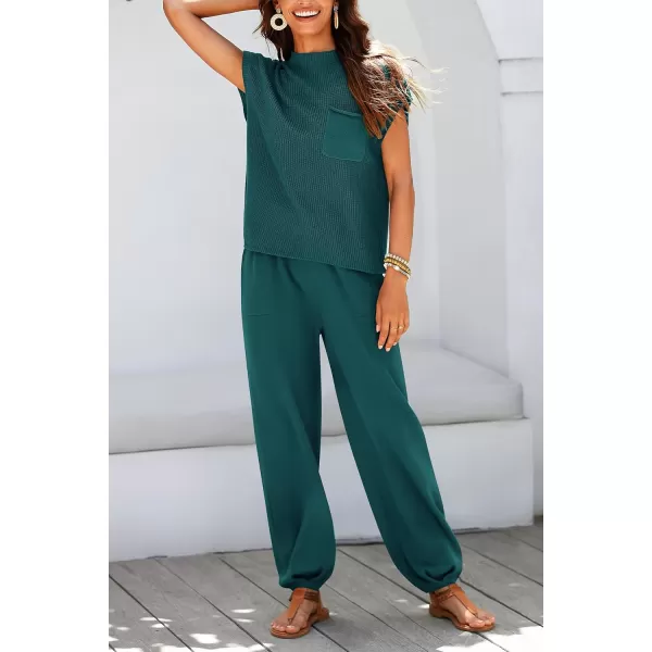 imagePRETTYGARDEN Womens Two Piece Outfits Sweater Sets Knit Pullover Tops And High Waisted Pants Matching Tracksuit Sweatsuit SetBlue Green
