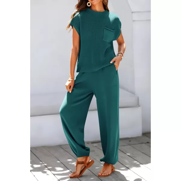 imagePRETTYGARDEN Womens Two Piece Outfits Sweater Sets Knit Pullover Tops And High Waisted Pants Matching Tracksuit Sweatsuit SetBlue Green