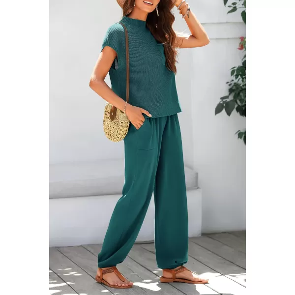 imagePRETTYGARDEN Womens Two Piece Outfits Sweater Sets Knit Pullover Tops And High Waisted Pants Matching Tracksuit Sweatsuit SetBlue Green