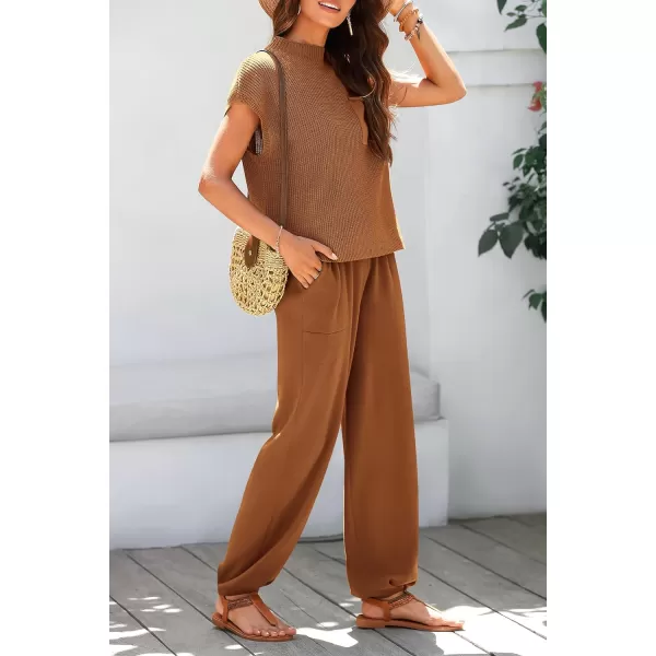 imagePRETTYGARDEN Womens Two Piece Outfits Sweater Sets Knit Pullover Tops And High Waisted Pants Matching Tracksuit Sweatsuit SetBrown